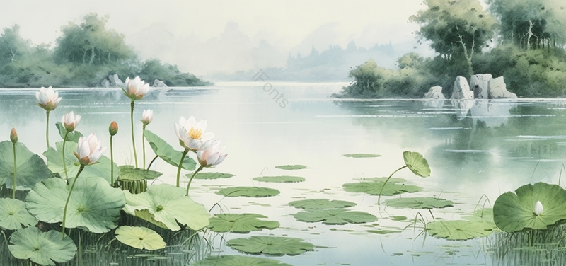 公园池塘里盛开的白莲花插画,插画/手绘图,插画/手绘图库,插画/手绘图下载,插画/手绘